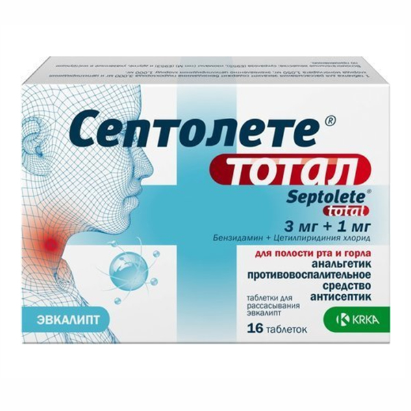 Септолете Тотал таб. д/рассас. 3мг + 1мг №16 (эвкалипт)